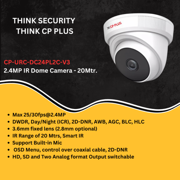 CP PLUS 2.4MP IR Dome Security Camera CP-URC-DC24 PL2-V3 2.4MP CAMERA - Image 2